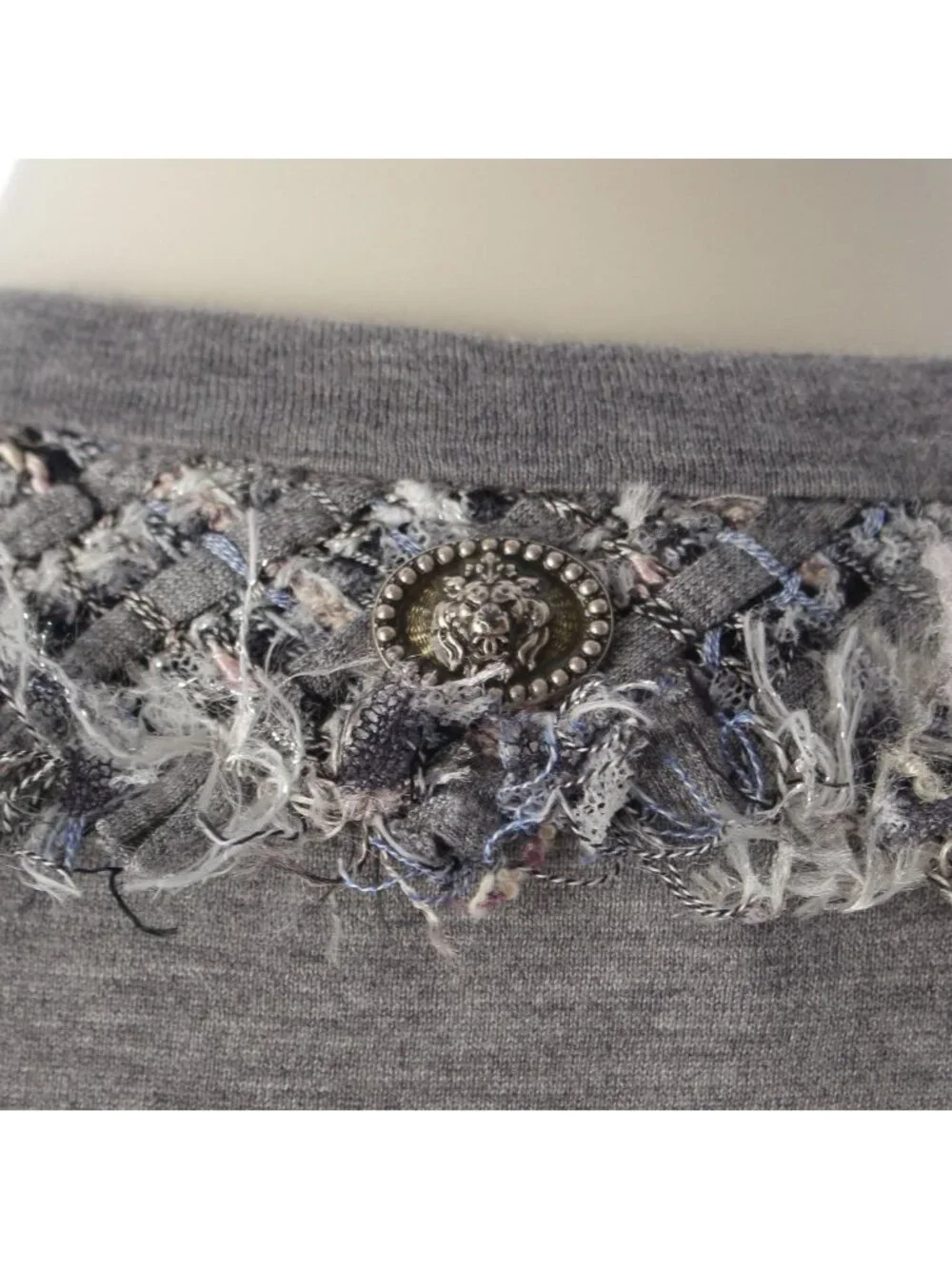 Chanel Cotton Lion Button Tweed Short Sleeve T-Shirt Gray 38